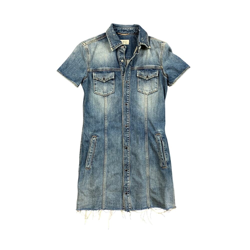 Saint Laurent Dress Womens XS Blue Stonewashed Denim Mini Raw Hem Short Sleeve